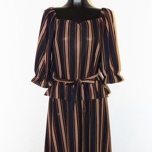 Vtg 70s Striped Navy Peplum Dress sz L
